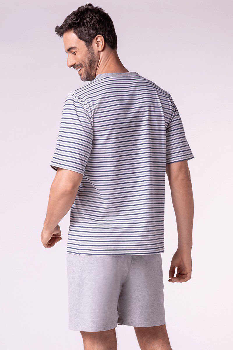 LUPO men's Striped V Neck Short Pajama Set - Image 7